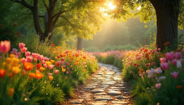 Stone path winds through colorful blooming flower beds. Warm sunlight filters through green tree leaves creating dappled light effect. Peaceful garden scene in spring.