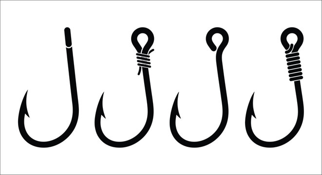 Fishing Hooks Collection Black Silhouette On White Background angling aquatic