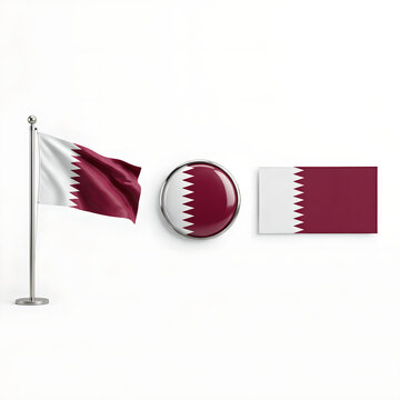 Collection of qatar flags in different formats waving flag badge and rectangle on white