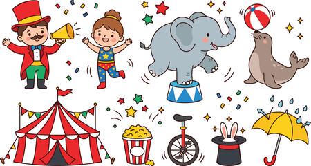 Vintage Circus Carnival Show Vector Set Featuring Ringmaster Acrobat Elephant Balance Seal Magic Trick Top Hat and Big Top Tent Illustrations for Kids Designs © Lal