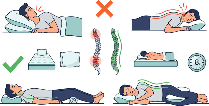 Correct Sleeping Positions and Spine Alignment Medical Infographic Vector Set Featuring Right and Wrong Postures Neck Pain Prevention and Healthy Sleep Tips