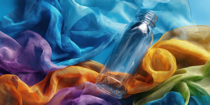 Empty Plastic Bottle and Recycled Polyester Fabrics on Blue Background Illustration