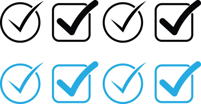 Black and blue checkmarks inside circles and squares, isolated on