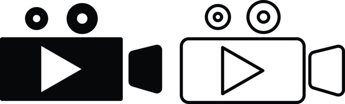 Black and white play button with camera-like shapes on