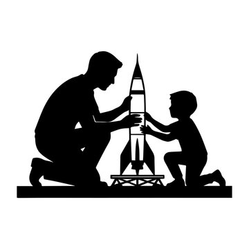 Father and Son Building a Toy Rocket Ship vector style