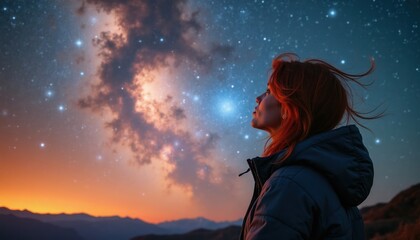 Obraz premium Woman looks up at starry night sky with nebula clouds. Dusk sky with orange glow above mountains. Person contemplates cosmic wonders, exploring universe dreams. Vastness inspires awe.