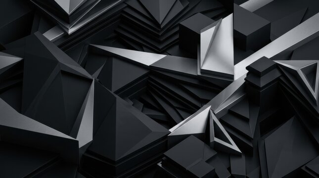 Dark geometric shapes in abstract composition with black and silver tones