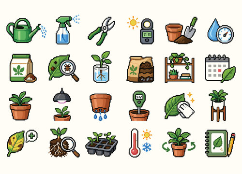 Gardening pixel art icon set of plant care and horticulture tools