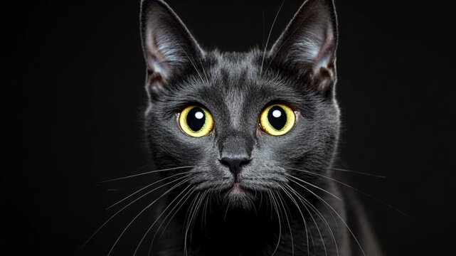A close-up studio shot of a black cat with piercing yellow eyes staring intensely at the camera.