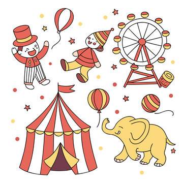 Set of cute carnival circus elements including ringmaster tent ferris wheel and elephant cartoon icons with carnival