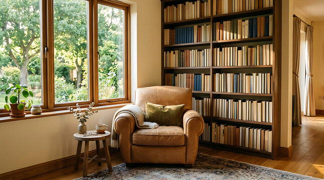 Serene and sunlit reading corner with a rich wooden bookshelf, comfortable armchair, and a window framing a vibrant outdoor garden