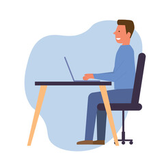 Fototapeta premium Man sitting at the table using laptop. Freelancer man concept. Male student studying