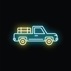 Fototapeta premium Pickup truck icon glowing with blue and yellow neon lights on a dark background