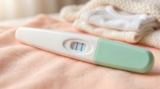 Pregnancy test kit placed on soft fabric with baby clothes in the background, symbolizing fertility treatment and family planning for hopeful parents