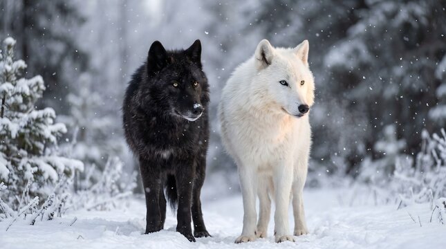 Black and white wolves standing in snowy winter forest landscape