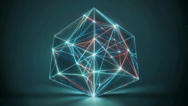 Sleek modern holographic concept featuring digital network displayed within glass cube captured from low angle for high quality futuristic and technological video presentation