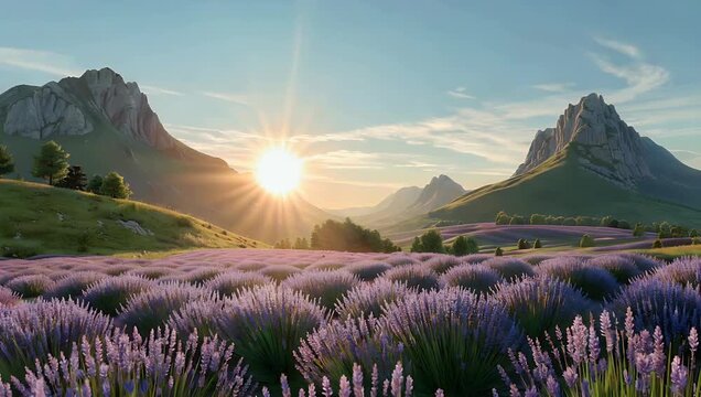 Serene dawn time lapse capturing vast lavender fields bathed the first golden rays of sunlight with massive mountain range backdrop creating peaceful and high quality natural escape