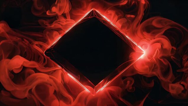 Intriguing 4K neon frame animation featuring mysterious black square highlighted by red glowing border shrouded ethereal fog and smoke to evoke sense of suspense