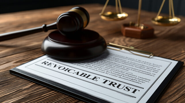 A gavel and scales of justice on a wooden desk with a revocable trust document