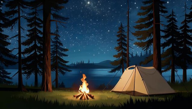 Minimalist 4K lakeside campsite illustration featuring crackling campfire under starry night sky and tall pine trees flat vector aesthetic