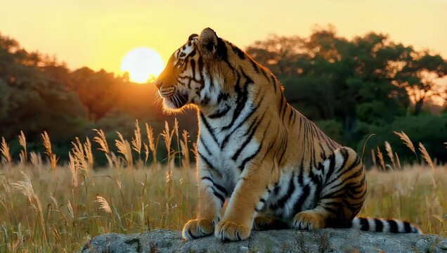 Majestic 4K wildlife cinematography of Bengal tiger sitting on rock at sunset featuring high quality golden light and slow motion tall grass rustling the forest