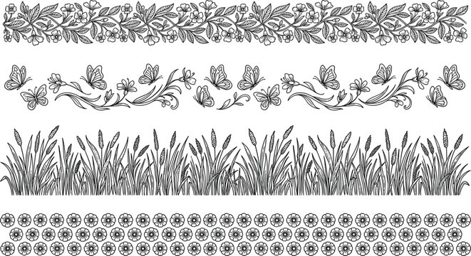 Decorative floral border and ornamental nature divider collection featuring butterflies meadow grass and vintage botanical patterns