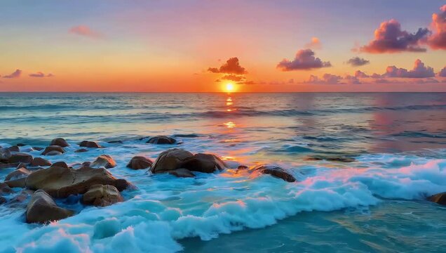 Stunning abstract nature scene featuring colorful sunset reflection over jagged coastal rocks and breaking waves captured high quality gradient color palette for cinematic backgrounds