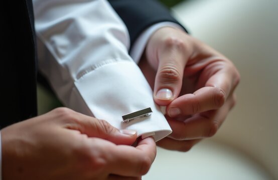 Man fastens silver bar cufflink on white dress shirt cuff. Close-up view of formal menswear detail. Preparing for wedding celebration. Elegant accessory for groom.