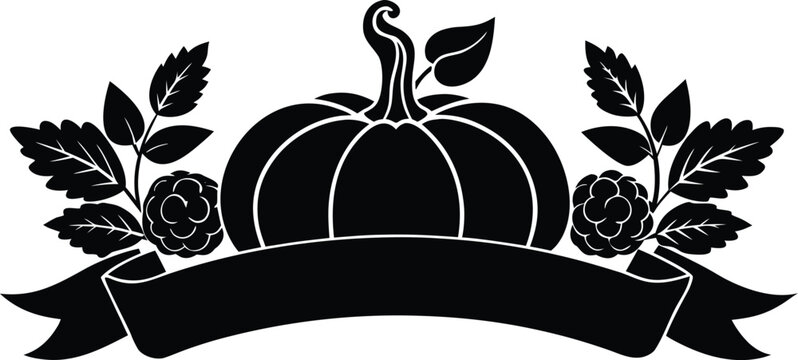 Black and white illustration of pumpkin with leaves and banner