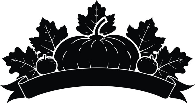 Black and white pumpkin and leaves with banner illustration