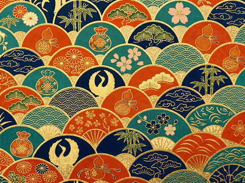 Traditional japanese pattern with colorful fans waves and floral motifs traditional colorful fans