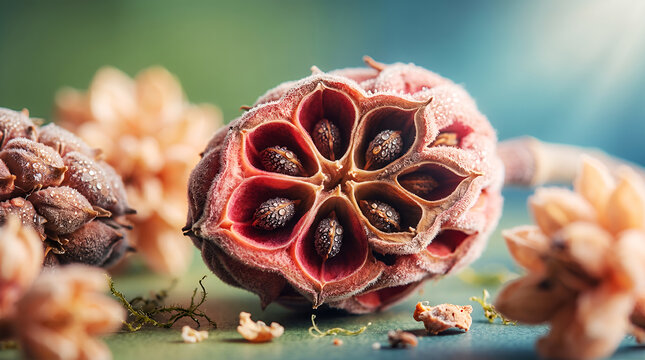 Close-up of dried pink seed pod with intricate compartments surrounded by nature