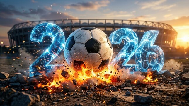 2026 soccer championship concept with glowing electric numbers and exploding fire