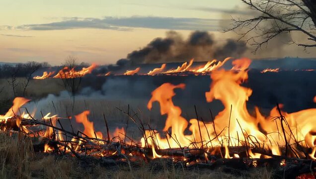 Dramatic Wildfire Footage of Raging Flames Engulfing Dry Brush and Desolate Landscapes under Smoky Twilight Sky Highlighting Nature's Destructive Power