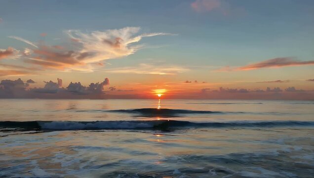 Tranquil eye level sunset video of the ocean horizon where vivid orange and amber hues reflect on calm waves to create peaceful and atmospheric coastal ambiance