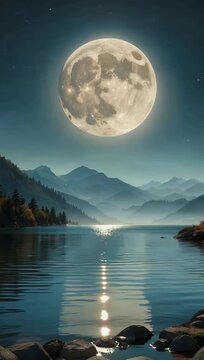 Serene 4K fantasy world at night featuring shimmering lake and mountains under massive moon with faint ring creating high quality magical and tranquil scenery