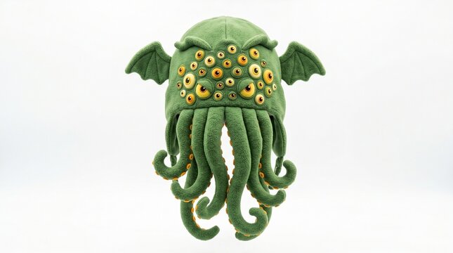 Green cthulhu monster hat with many eyes and tentacles isolated on white background