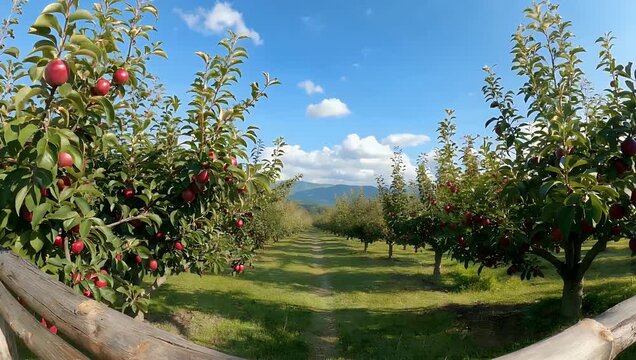 Scenic 4K wide angle view of sun drenched apple orchard with ripe red fruit and green trees capturing the high quality serenity of rural agricultural landscape