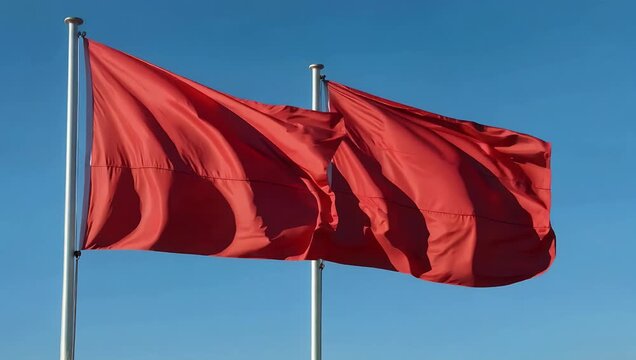Patriotic footage of two bright red flags waving against clear blue sky symbolizing high quality themes of freedom warning signals or political national pride