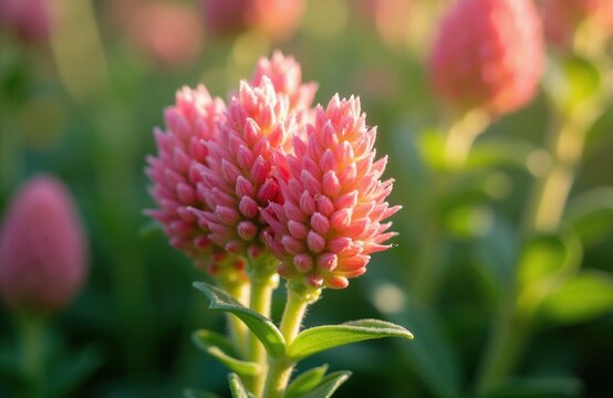 Pink gomphrena flower blooms in soft light. Tiny petals cluster densely on stems. Green leaves surround the vibrant flora in a natural garden setting.