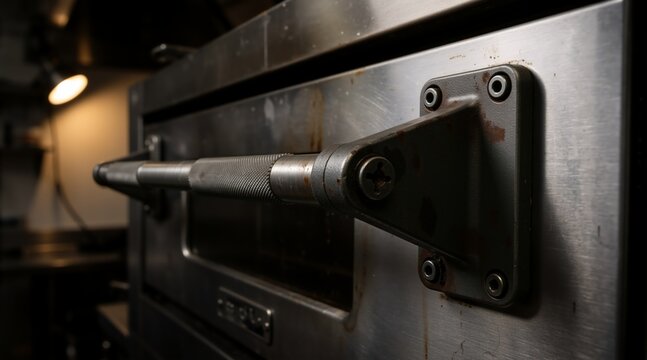 Close-up of a heavy duty industrial oven handle in a professional kitchen. Metallic detail of commercial baking equipment. Sturdy hardware and industrial kitchen appliance concept