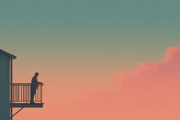 Obraz premium Silhouette of person on balcony against vibrant sunset sky