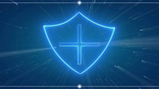 Protective shield symbol safeguards a secure database network. Advanced shield symbol represents corporate data privacy regulations. Cyber security concept with secure shield symbol.