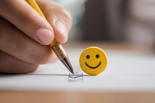 Close-up of hand drawing smile face with pencil and smiley button on paper