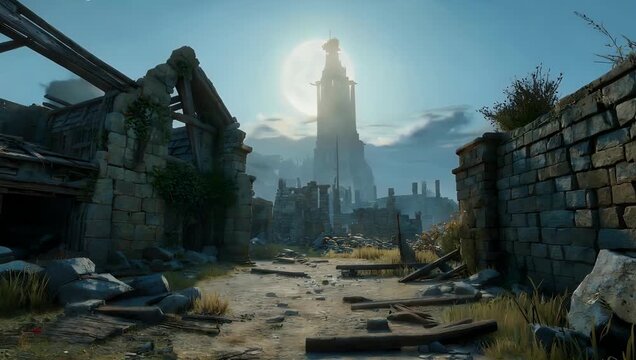 Enchanting 4K fantasy animation of ancient ruins under the moonlight where mystical glow ignites the imagination and evokes otherworldly post apocalyptic atmosphere