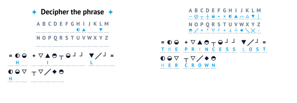 Secret code game featuring symbols and letters deciphering puzzle  