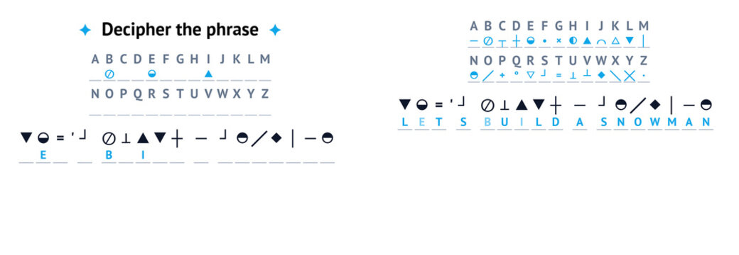 Secret code game featuring symbols and letters for deciphering phrases  