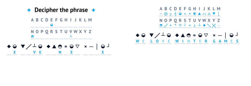 Secret code game deciphering symbols on white background  