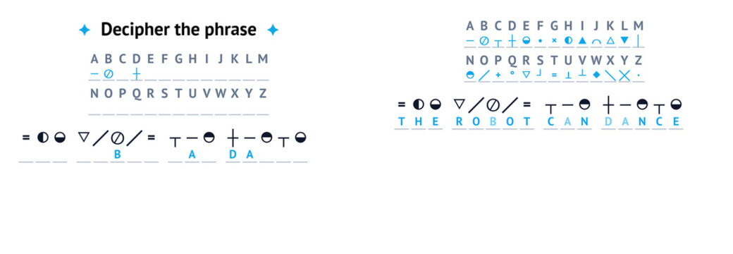 Secret code game - decipher the phrase with symbols and letters  