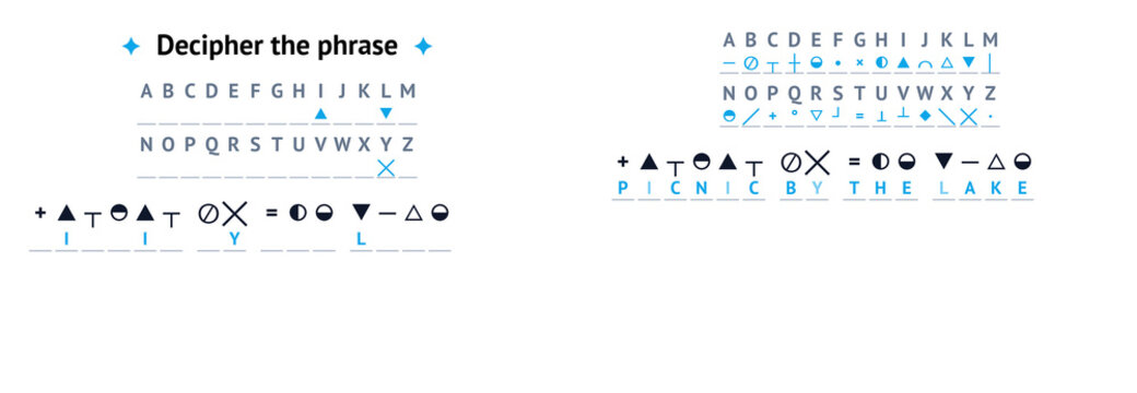 Secret code game with symbols and instructions for decoding  